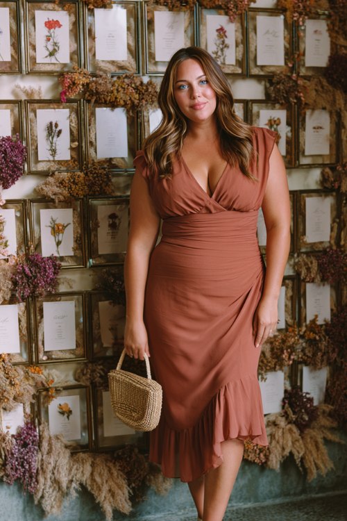 A plus-size woman wears a copper chiffon midi with a smocked back, V neckline, and ruffled hem, styled with cream ankle-strap heels and a woven clutch