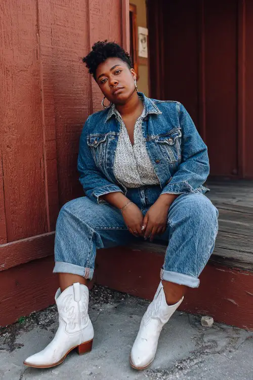 A curvy woman wears cuffed boyfriend jeans, a knit henley shirt layered under a denim jacket, and white cowboy boots