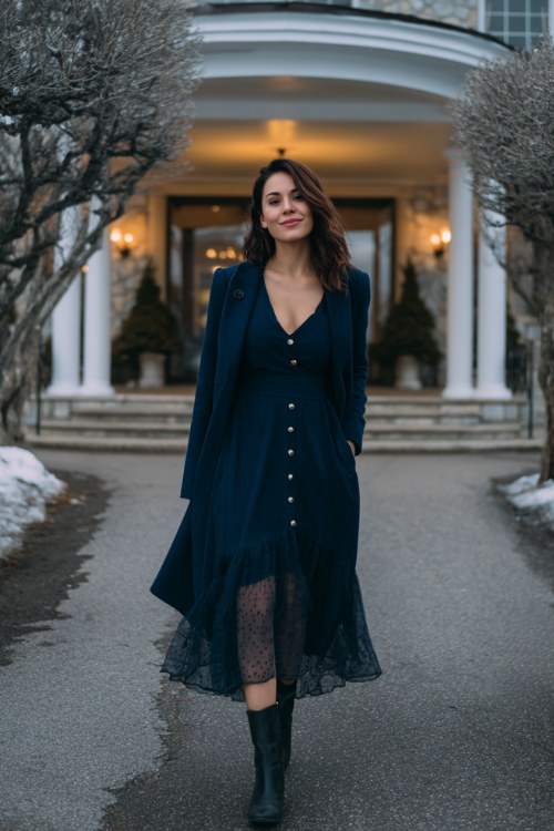 A curvy woman wears a midnight blue long-sleeve dress with pearl button accents and a sheer lace hem, paired with dark boots and a longline wool coat