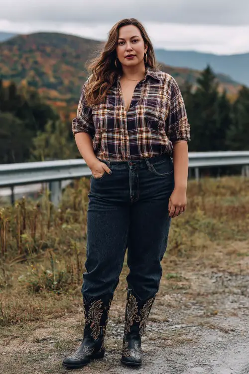 A curvy woman wears dark denim jeans, black embroidered cowboy boots, and a plaid flannel shirt