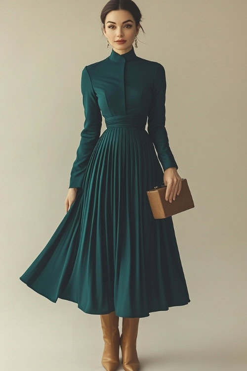 A woman dressed in a dark teal wool midi dress with long sleeves, a cinched waist, and a pleated skirt. She pairs the dress with tan leather boots and a matching clutch