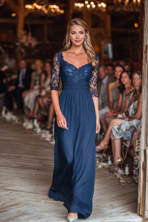 A woman wears a navy blue chiffon A-line dress with lace sleeves, styled with silver heels and pearl earrings