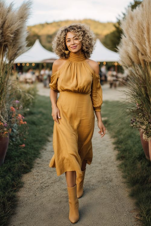 A curvy woman over 40 wears a golden ochre midi dress with a softly ruffled high neck