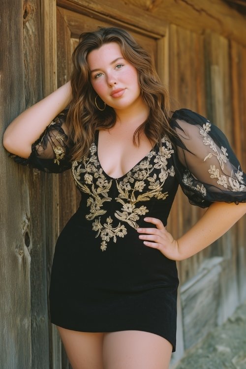 A curvy woman wears a black short dress with gold floral embroidery and sheer puff sleeves (2)