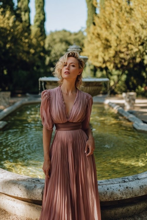a woman over 50 in a dusty rose chiffon gown with pleated skirt and satin waistband