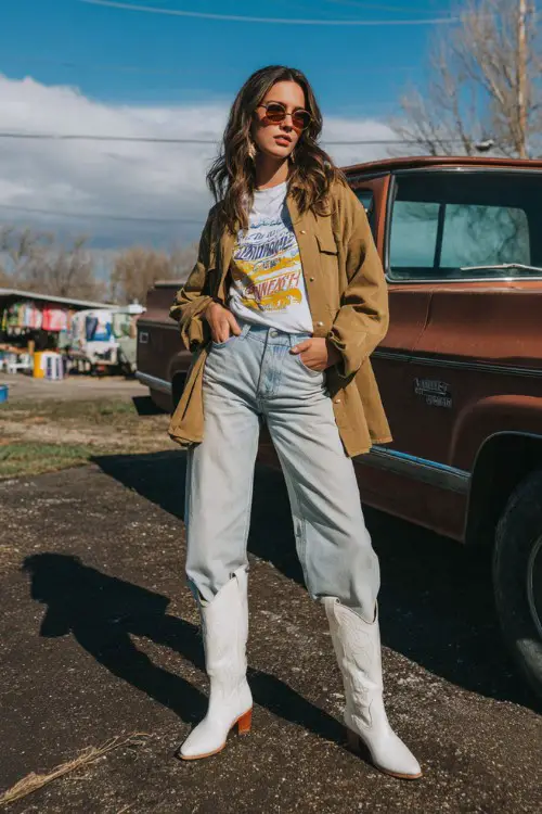 A woman wears mid-wash bootcut jeans, a tucked-in graphic tee layered with a tan shacket, and glossy white cowboy boots (2)