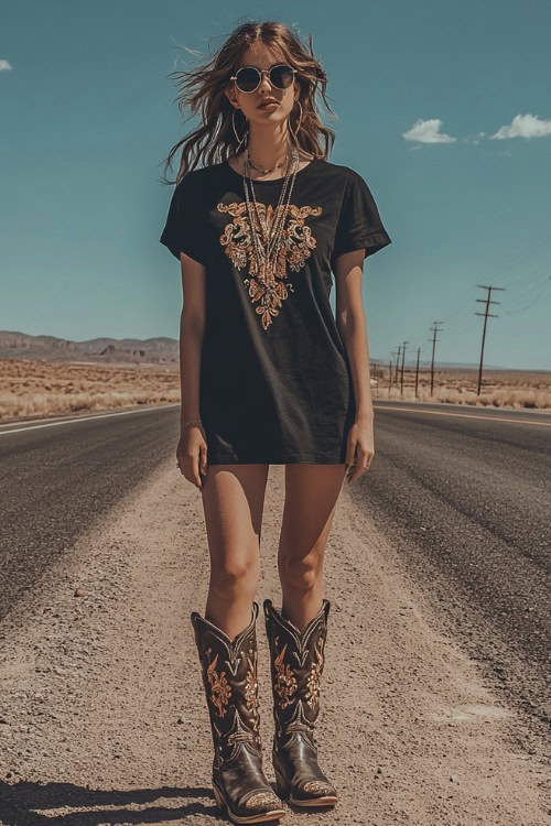 A fashionable woman in a loose-fitting black t-shirt dress with embroidered cowboy boots, accessorized with a statement necklace and hoop earrings