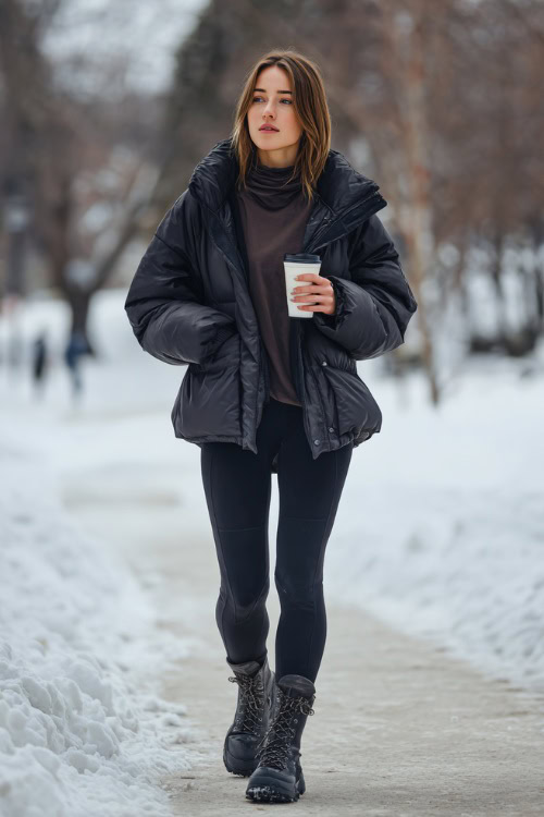 Stylish woman in a puffer jacket, turtleneck sweater, black leggings, and lace-up ankle boots, holding a coffee cup while walking through a snowy city park