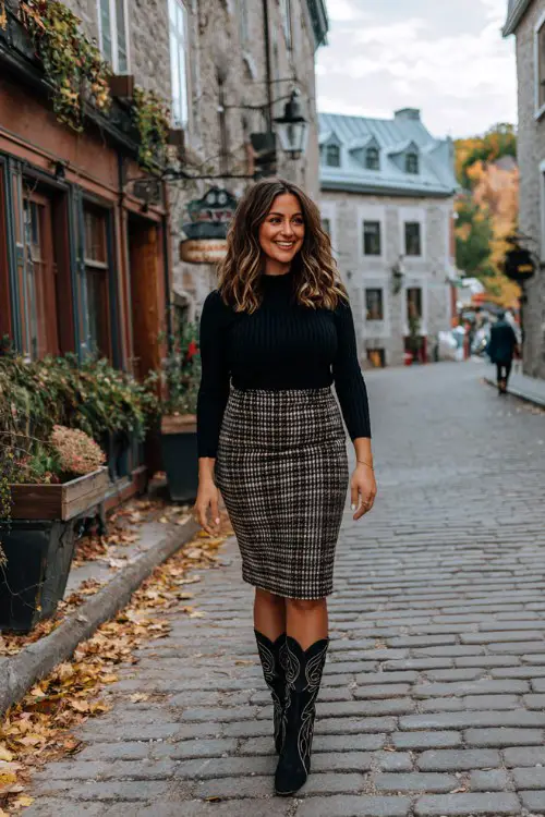A curvy woman over 40 wears a fitted black ribbed sweater with a plaid wool skirt and black embroidered cowboy boots
