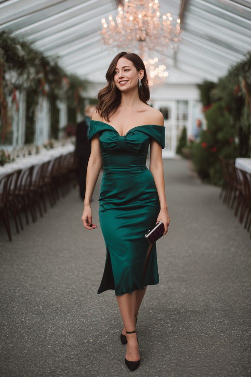 A woman wears a deep emerald satin cocktail midi with an off-shoulder neckline and tulip hem
