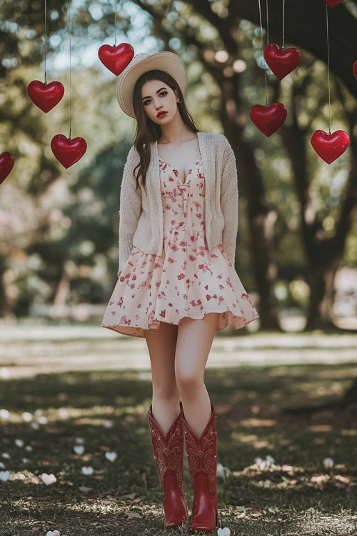 A woman wearing a soft pink floral dress with a beige cardigan and red cowboy boots (2)
