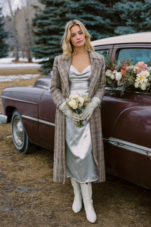 A woman wears a silver satin cocktail dress under a longline plaid coat, with sheer gloves and white western boots