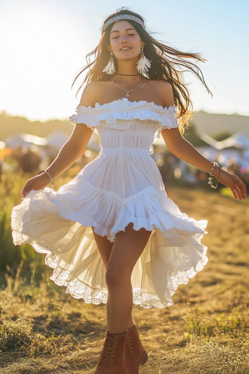 A bohemian festival-goer in a lightweight off-the-shoulder white ruffled dress with brown ankle boots, accessorized with a beaded headband and feather earrings