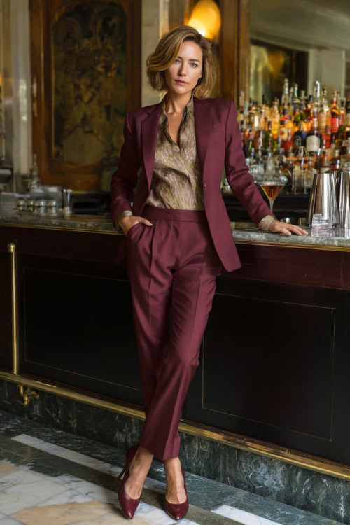 A woman over 40 in a tailored burgundy pantsuit with a silky blouse and pointed heels, standing at a marble-top cocktail bar with autumn leaves outside
