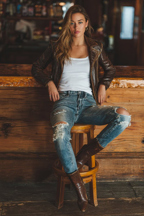 A woman wearing distressed jeans, a fitted leather jacket over a white tee, and heeled boots, leaning casually against a wooden bar wall, full body outfit visible