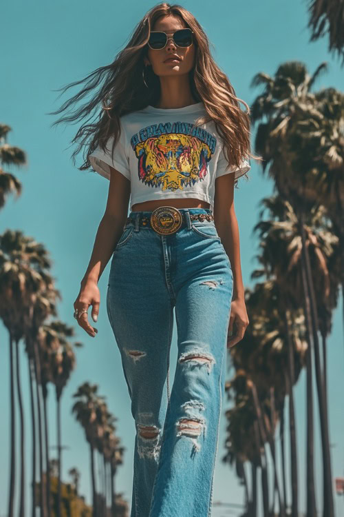 A stylish woman wearing a graphic crop tee with high-waisted denim bell bottoms and a western belt, paired with cowboy boots, walking near palm trees