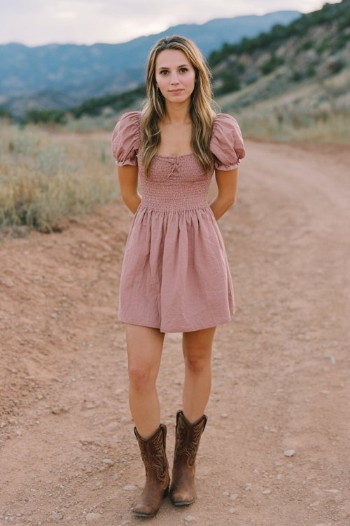A petite woman in a dusty rose smocked dress with puff sleeves and brown ankle cowboy boots (2)