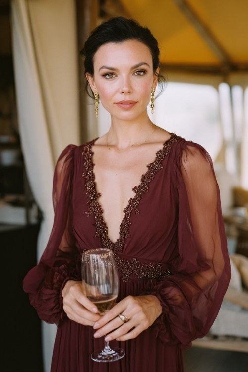 a woman wears a burgundy wedding guest dress for a formal fall wedding