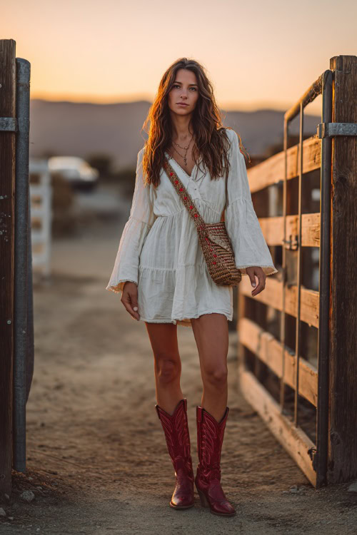 A woman wearing a short boho-style dress with bell sleeves, paired with red western boots and a woven crossbody bag