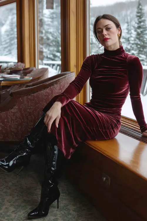 A woman wears a wine-colored high-neck velvet dress with side ruching and patent leather boots