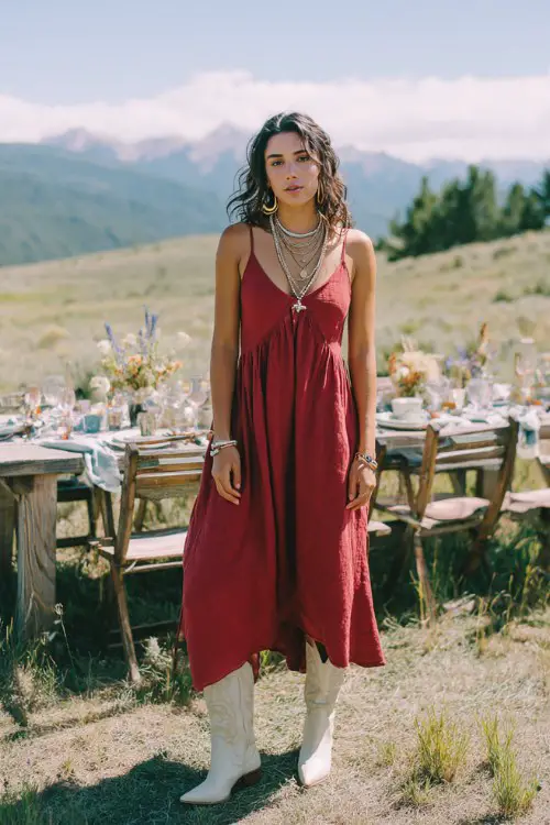A woman in a deep red sleeveless midi dress with a flowy silhouette, layered necklaces, and cream cowboy boots