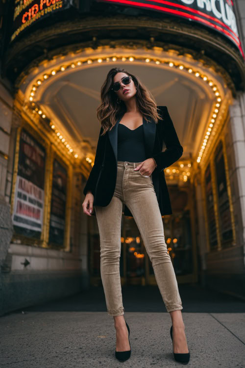 A woman wearing skinny jeans, an oversized blazer, and pointed heels, standing outside a trendy fall club entrance with glowing signs, full body outfit visible
