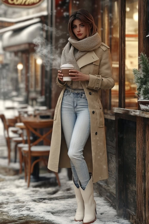 Woman in a winter trench coat with a long scarf, light-wash jeans, and white cowboy boots, holding a steaming coffee cup while standing near a cozy cafeÌ with frosty windows