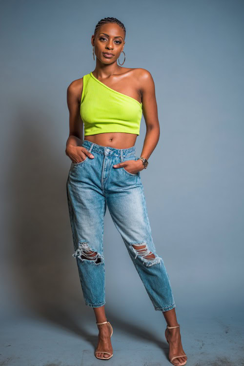 A Black woman in a neon green one-shoulder crop top with ripped denim jeans and heeled sandals, styled for a trendy and vibrant summer night out
