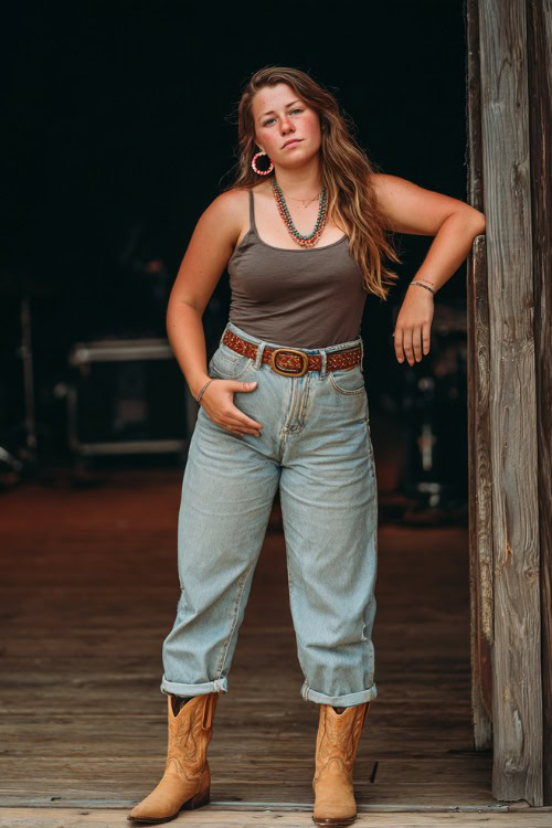 A plus-size woman in cropped jeans with raw hems, a sleeveless peasant top, and tan cowboy boots, accessorized with a leather belt and beaded earrings