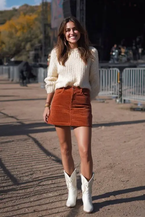 A woman wears a rust-colored corduroy mini skirt with a cream knit sweater and white cowboy boots at a fall concert