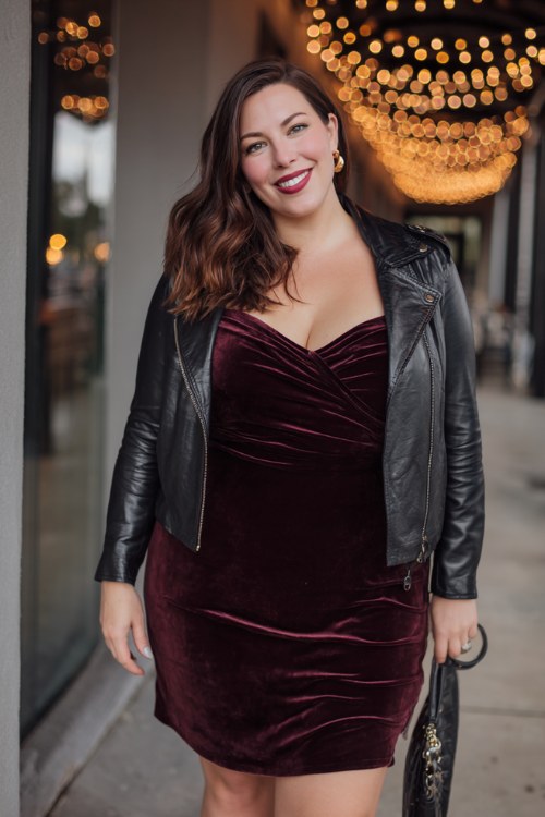 A plus size woman wears a deep wine velvet dress with long sleeves, accessorized with a black leather jacket