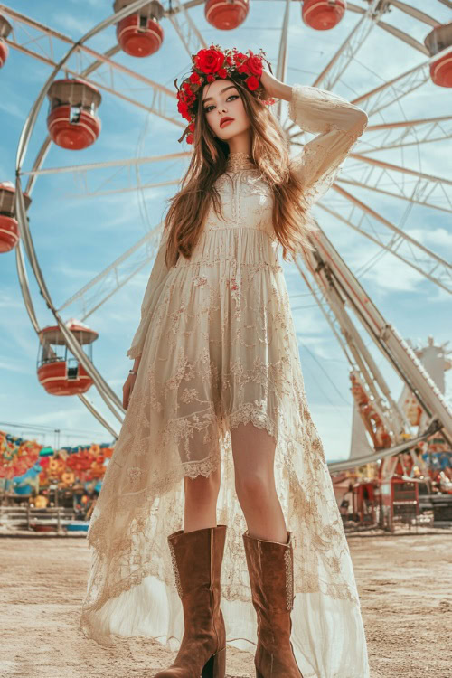 A dreamy woman in a beige embroidered maxi dress with bishop sleeves and a red floral crown, paired with suede boots, standing near a Ferris wheel