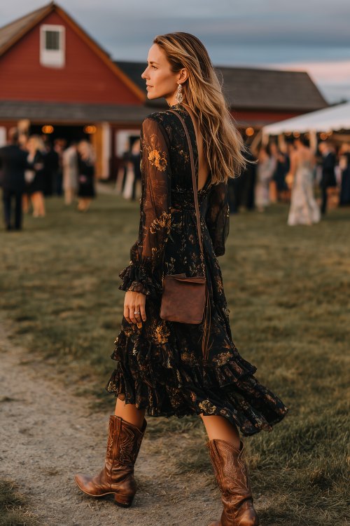 A woman in a black and gold floral chiffon dress with sheer sleeves and a ruffled hem, paired with brown embroidered cowboy boots
