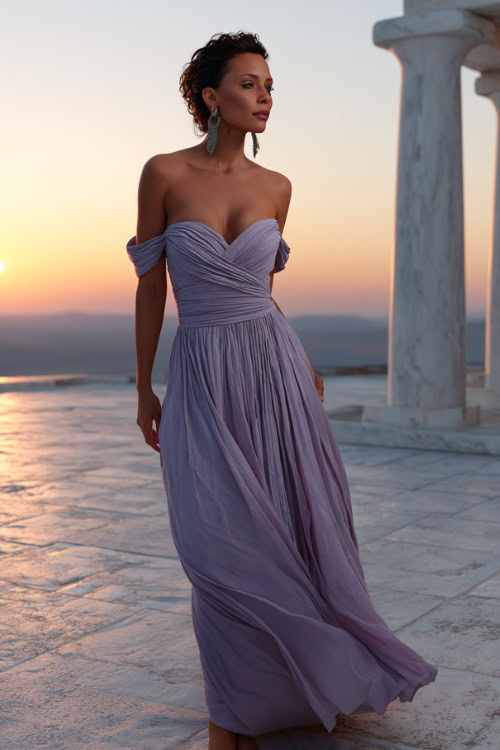 A woman over 50 in a light lavender off-the-shoulder gown with a flowing train and delicate earrings, posing on a white stone terrace at sunset