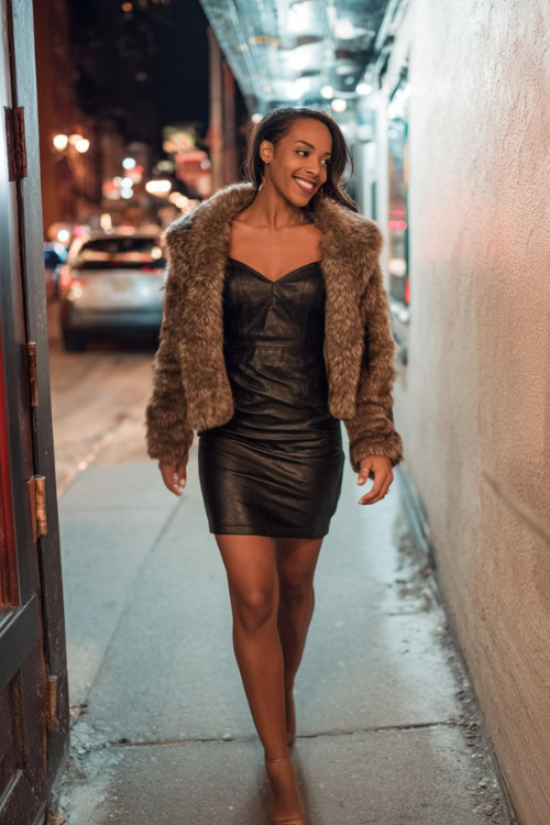 A Black woman in a fitted black leather mini dress with a cropped faux fur jacket and heels, walking confidently into a downtown cocktail bar on a chilly fall night