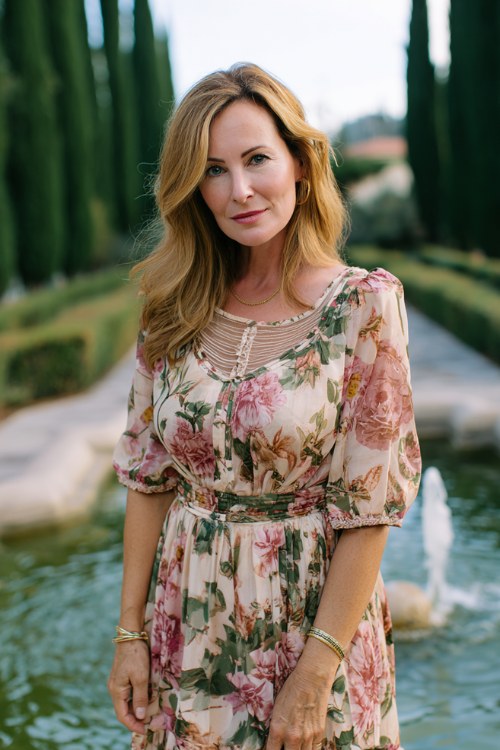 A woman over 50 wears a romantic floral print dress with an illusion neckline and elbow-length sleeves