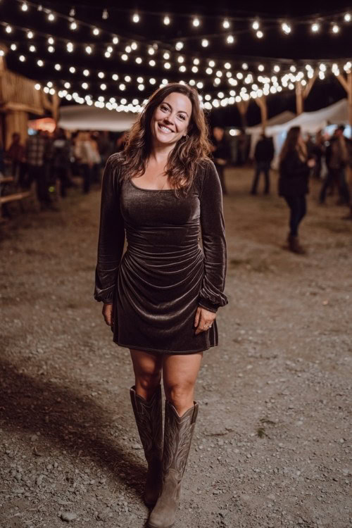 A curvy woman wears a long-sleeve velvet dress with knee-high cowboy boots