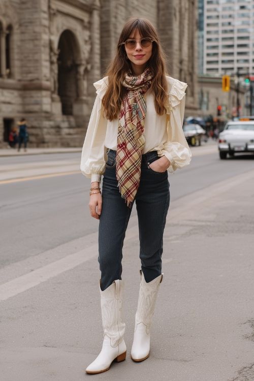 a woman wears a cream blouse with black jeans and white cowboy boots for fall