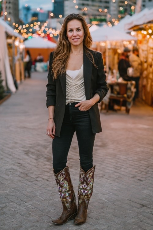 A woman over 30 wears black leggings with tall embroidered cowboy boots, a fitted blazer, and a silk top (3)