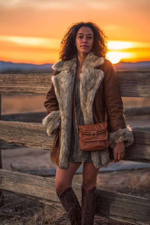 A woman wears a faux fur-trimmed coat over a mini dress, with knee-high cowboy boots and a crossbody leather bag, standing in front of a wooden fence at sunset