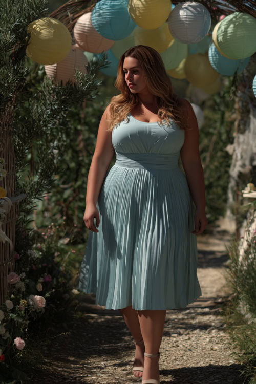 A plus-size woman in a light blue sleeveless midi dress with pleated skirt and block heels, walking through a garden path with greenery and wedding decor