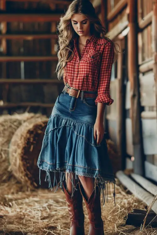 a woman wears denim skirt and cowboy boots in a barn