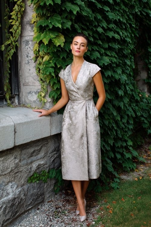 a woman over 50 in a silver jacquard tea-length dress with cap sleeves, wearing a matching wrap