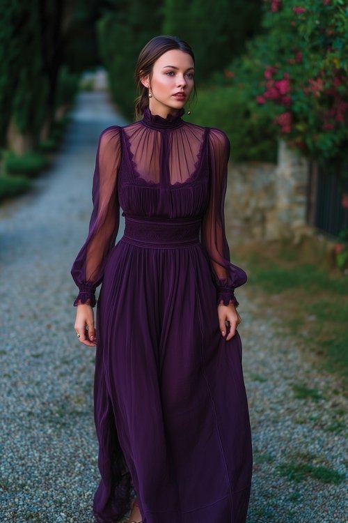 A woman in a plum gown with a sheer high neckline, mesh sleeves, and delicate lace trim