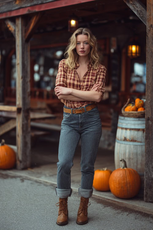 A woman wearing mom jeans, a plaid flannel shirt, and ankle boots, standing outside a rustic fall pub with pumpkins and lanterns, full body outfit visible