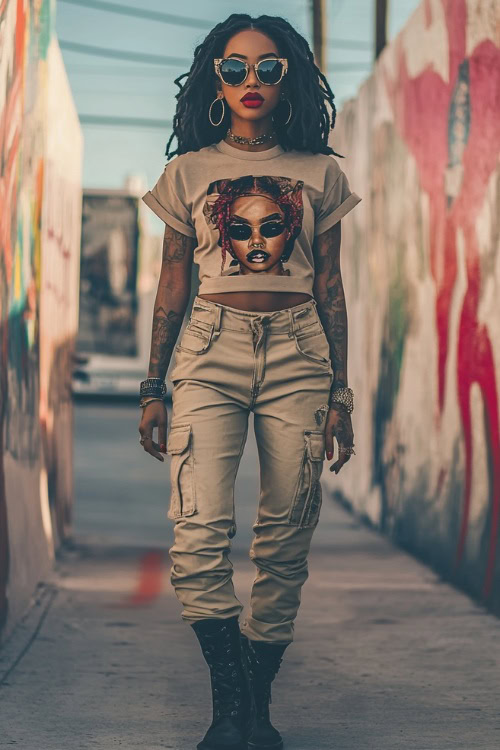 A confident Black woman in a graphic crop tee with high-waisted cargo pants and combat boots, accessorized with a bold lip and sunglasses, walking near a Coachella art piece