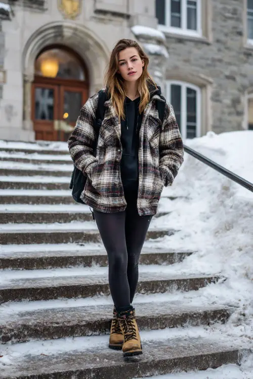 Stylish student wearing a plaid shacket over hoodie, leggings, and lace-up boots, walking up outdoor steps at a university building with light snow