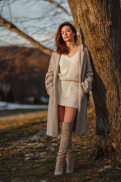 Stylish woman wearing a knit sweater dress, long coat, and over-the-knee boots, standing near winter trees with soft sunlight
