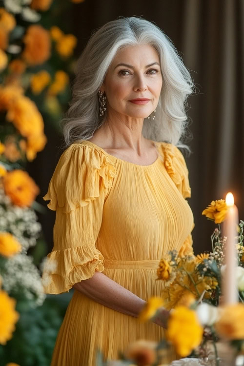 A chic woman over 50 in a sunflower yellow midi-length dress with a smocked bodice, flutter sleeves, and subtle pleats