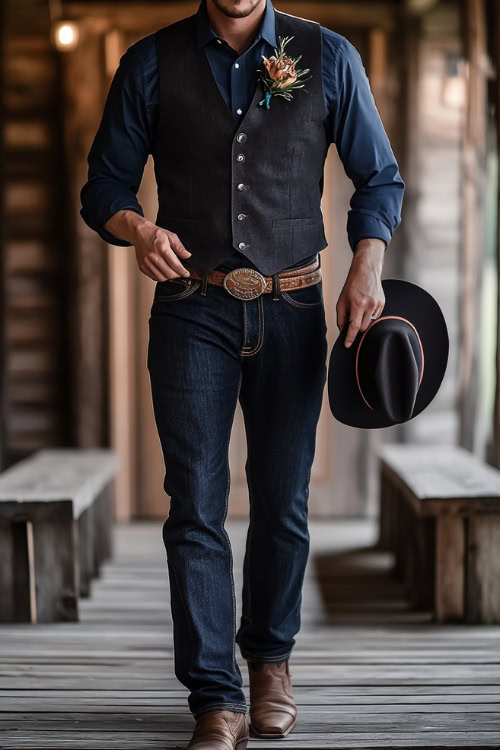 A groom wearing dark-blue bootcut jeans tucked into brown leather cowboy boots, styled with a navy dress shirt and a tailored charcoal-gray vest